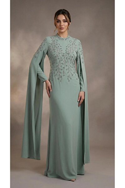 MİSS DİAMOND Crystal embellished cape detail mint evening dress