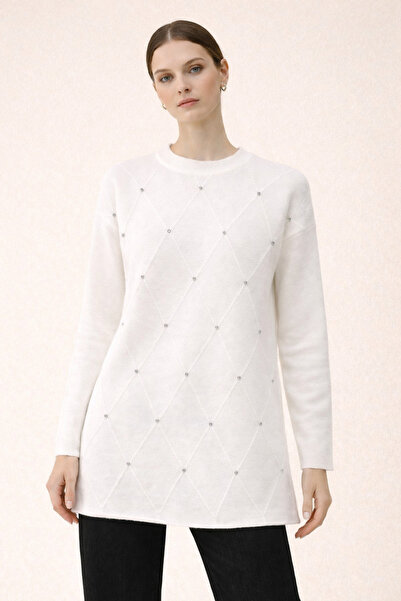 Kirazgym Bearded Baklava Pattern Stone Detailed Knitwear Tunic - White