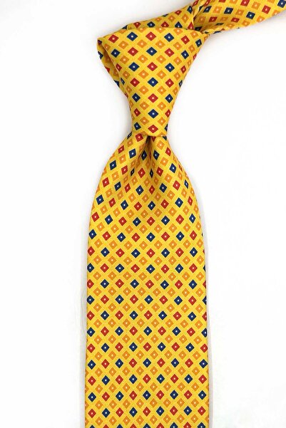 Kravatkolik Marmotte Style Yellow Small Pattern Italian Silk Tie İk2285