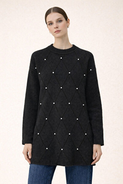 Kirazgym Bearded Baklava Pattern Stone Detailed Knitwear Tunic - Black