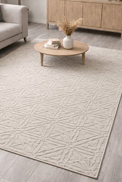 Merinos Rölyef Truva Ekru Kaymaz Taban Yıkanabilir Salon Mutfak Koridor Halıs...