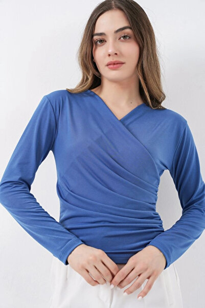 nedo7 939 Wrap Collar Sandy Blouse - Indigo