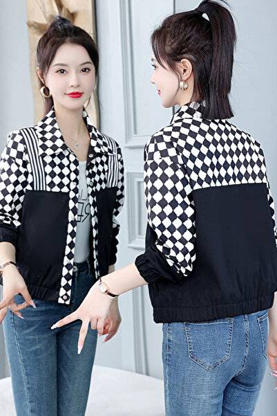 dorbe women's black and white harlequin diamond checkered jacket