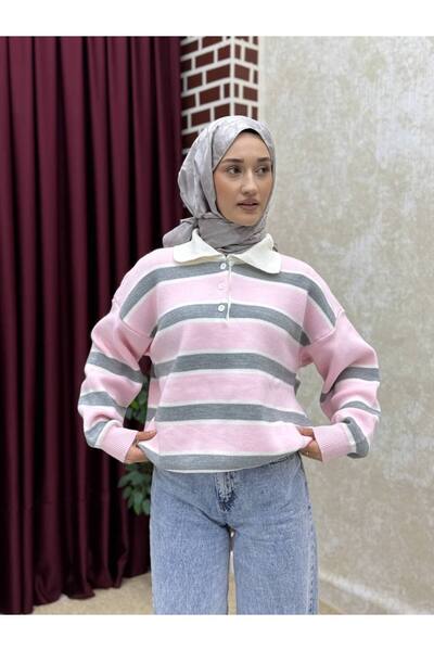 İLGEN FASHİON Polo Collar Oversized Striped Sweater