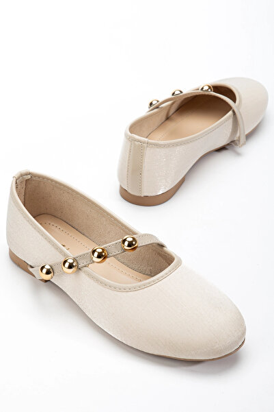 bakacstore Women's Beige Gold Accessorized Stylish Shiny Fabric Ballerinas