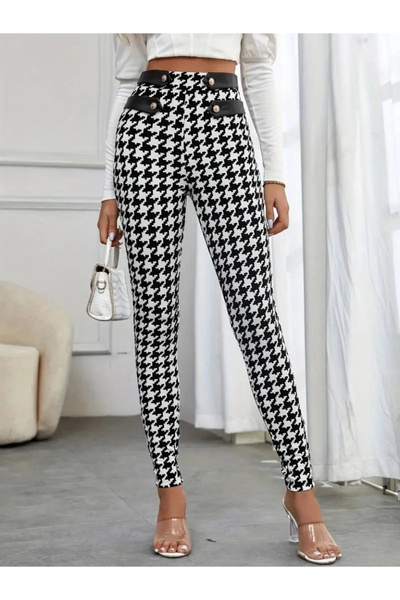 nedo7 Women's High Waist Houndstooth Patterned Side Stripe Button Detailed Di...
