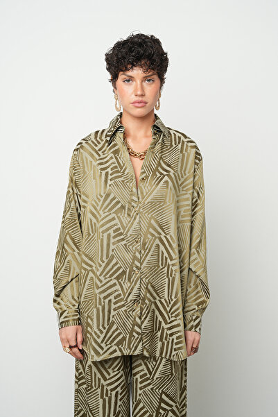 Orfeo Negro Women's Graphic Khaki Line Patterned Flexible Silky Satin Look O ...