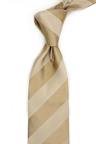 Kravatkolik Bareira Style Beige Line Pattern Italian Silk Tie İk2289