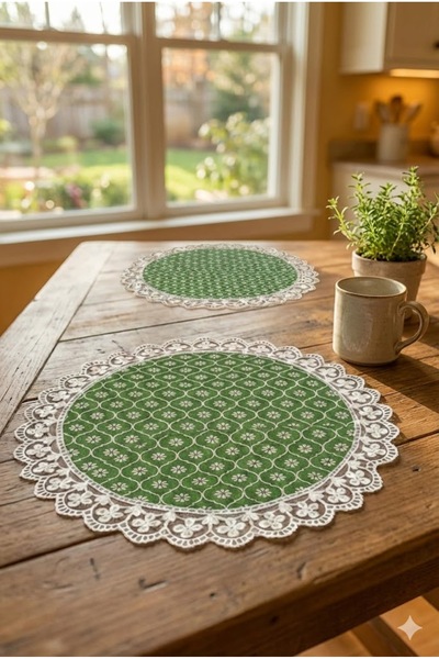 Rona Home Set de farfurii rotunde din dantelă verde de lux – Set de 6 piese r...