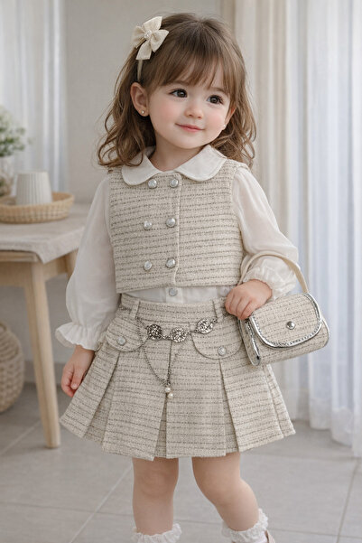 SANTRALBEBE Kız Çocuk 4 Parça Kemerli Çantalı Takım