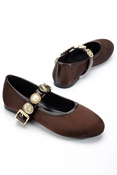 bakacstore Women's Brown Stylish Shiny Fabric Ballerinas with Gold Accessories