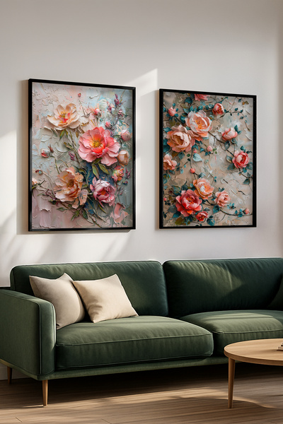 STARYUNA Black Wooden Framed Romantic Rose Flowers Double Painting Set Yuna508