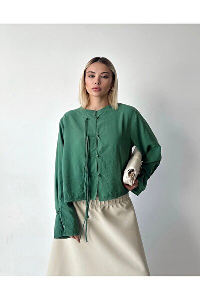 Vinales Γυναικεία πράσινη φαρδιά μπλούζα με κουμπιά