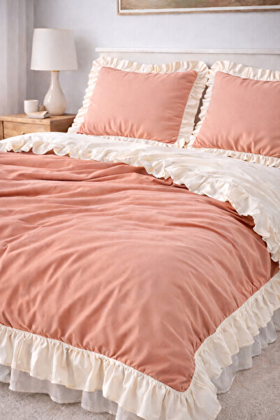 GÖRMEZ TEKSTİL Warm Cotton Salmon - Double Ruffle Duvet Cover Set Natural Cotton