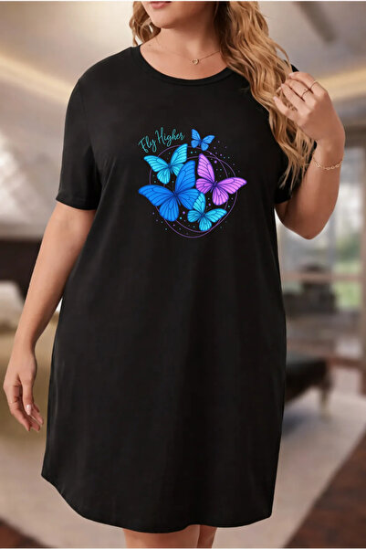 Pink Sky Rochie tricou cu mânecă scurtă pentru femei de mărime mare, cu decol...