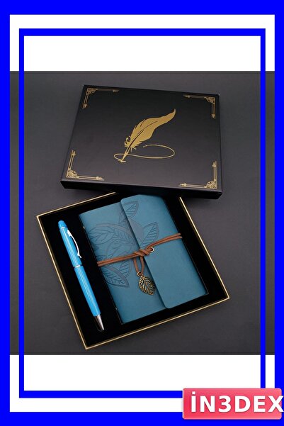 İN3DEX مجموعة دفتر ملاحظات من الجلد الأزرق بنمط أوراق الشجر وقلم لمس