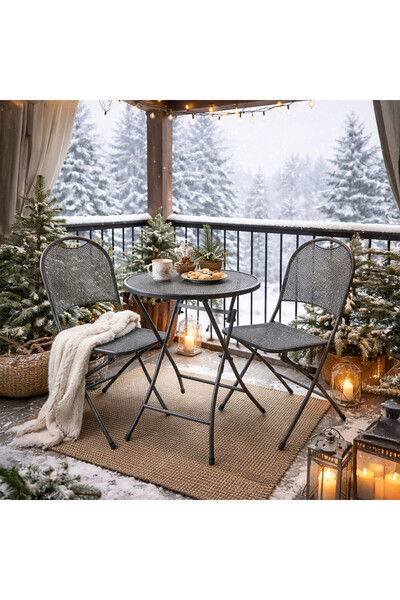 stratecht Katlanır Bistro Masa Sandalye Seti | 2 Kişilik | Yuvarlak Masa | Gri