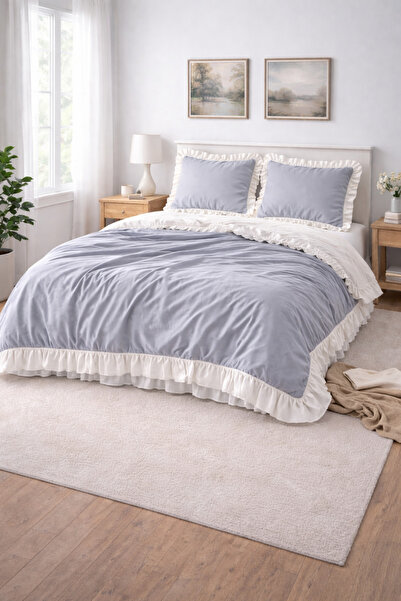 GÖRMEZ TEKSTİL Warm Cotton Gray - Single Ruffled Duvet Cover Set Natural Cotton