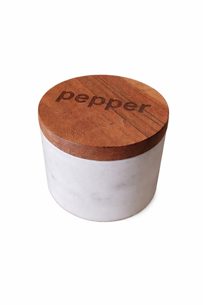 Warm Design "Pepper" Spice Container with Marble Body and Wooden Lid
