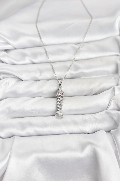 BSRE قلادة نسائية فضية اللون على شكل سمكة مرصعة بحجر الزركون (فولاذ 316L)