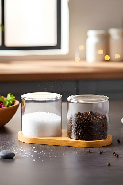 tutku home 2'li Bambu Standlı Borosilikat Cam Tuzluk