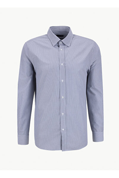 Fabrika Regular Fit Alttan Britli Yaka Çizgili Siyah Erkek Gömlek MAYDOS 505 N