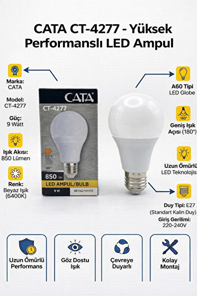 Cata CT-4277 LED Ampul 9W E27 Duy Beyaz – Ev, Ofis ve Atölye Kullanımı