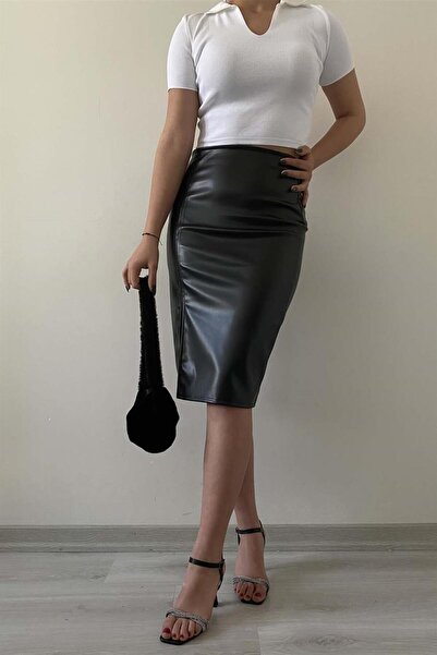 Elaxi تنورة قلم رصاص نسائية من الجلد الصناعي مبطن بالصوف متوسطة الطول شق