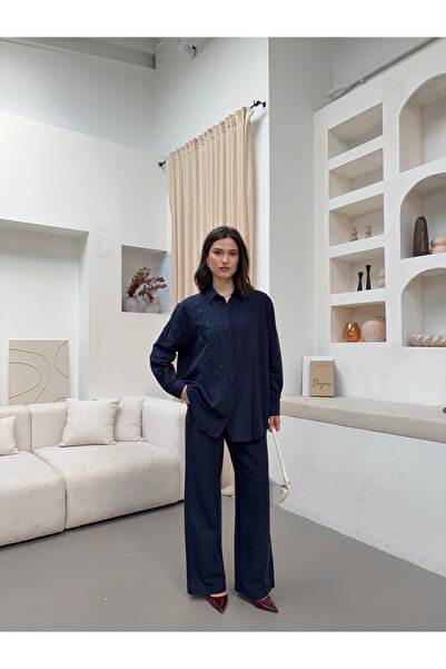 MİA NOURA COSTUM DE CĂMAȘĂ ȘI PANTALON PENTRU FEMEI, CU BRODERIE DE MĂRGELE P...