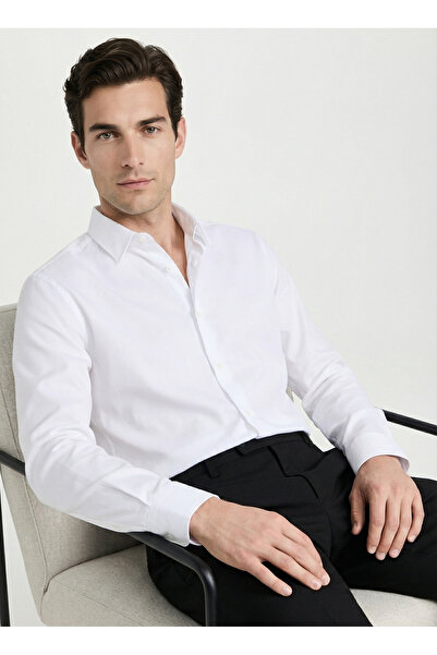 Fabrika Slim Fit Gömlek Yaka Diyagonal Beyaz Erkek Gömlek MAYDOS 507