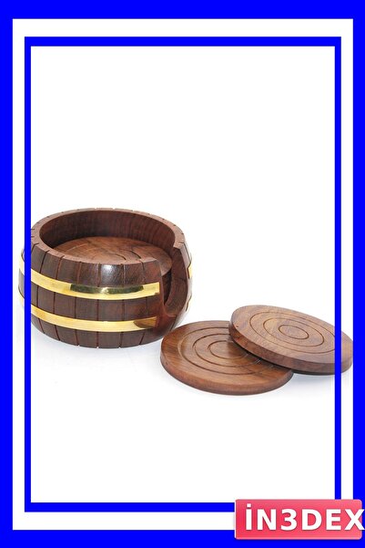 İN3DEX Wooden and Brass Coaster Set 6 Pieces Round