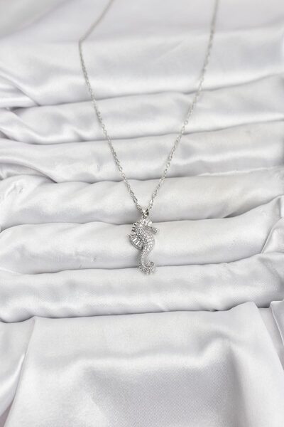BSRE Silver Color Sea Horse Figured Zircon Stone Women's Necklace (316L Steel)