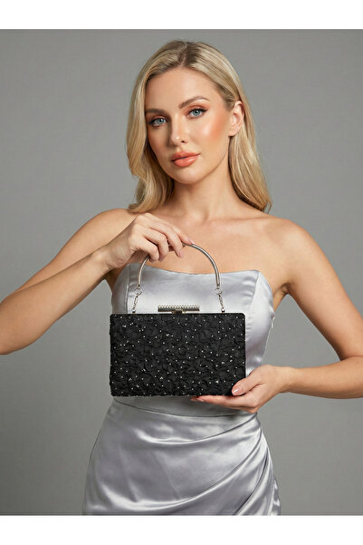 Biçanta Special Design Black Color Wrinkled Stone Satin Chain Handle Women's ...