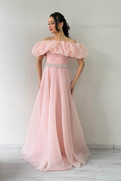 zks grup tekstil Kadın Volan Yaka Taş Kemer Detay Tül Prenses Abiye Pudra, Beyaz