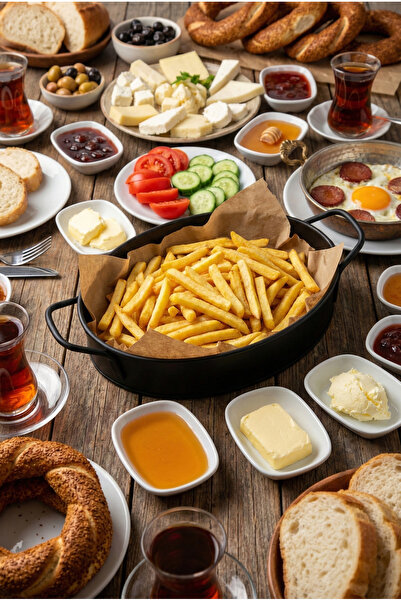 Doğa Dizayn Siyah Kulplu Metal Servis Tepsisi | Patates & Atıştırmalık Sunum