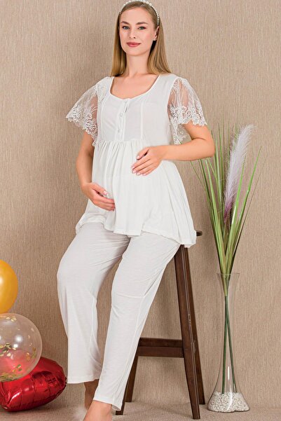 REN Women's 2-Piece Short Sleeve Maternity Pajama Set, Tulle Lace Detail on S...