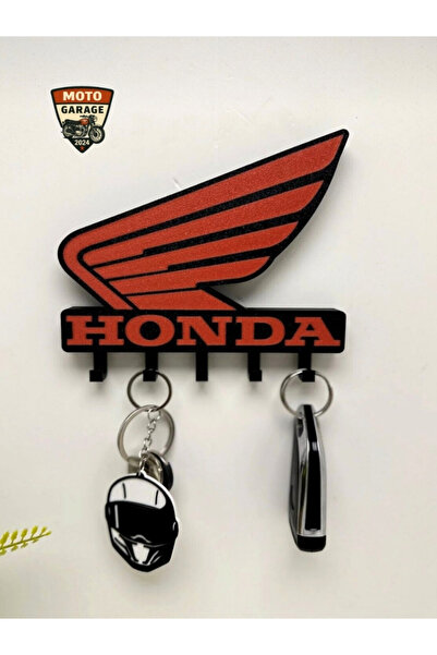 MotoGarage Honda Logolu Motosiklet Duvar Anahtarlığı - 3D 5 Askılı Dekoratif Motorcu Askısı - 15 cm