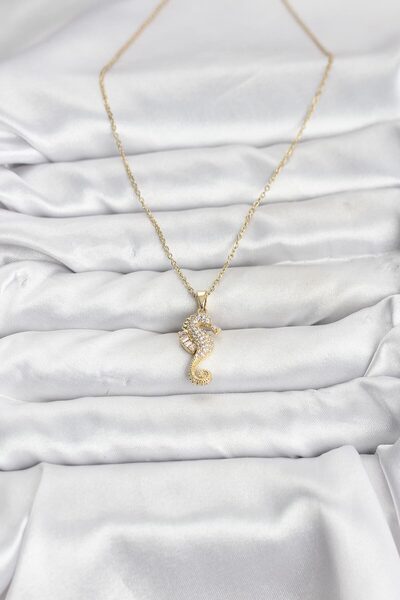 BSRE Gold Color Sea Horse Figured Zircon Stone Women's Necklace (316L Steel)