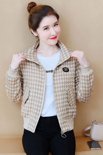 dorbe stylish houndstooth pattern zip-up winter women's jacket with plush lining