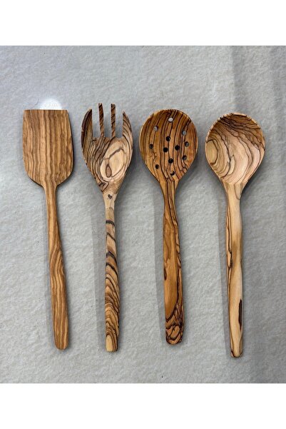 Home Natural Olive Wood Handmade 4-Piece Kitchen Serving Set - Spatula, Spoon...