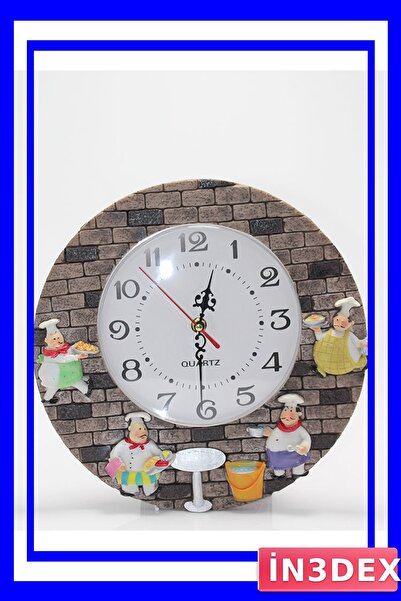 İN3DEX Tuğla Desenli Mutfak Duvar Saati Aşçı Figürlü 29cm