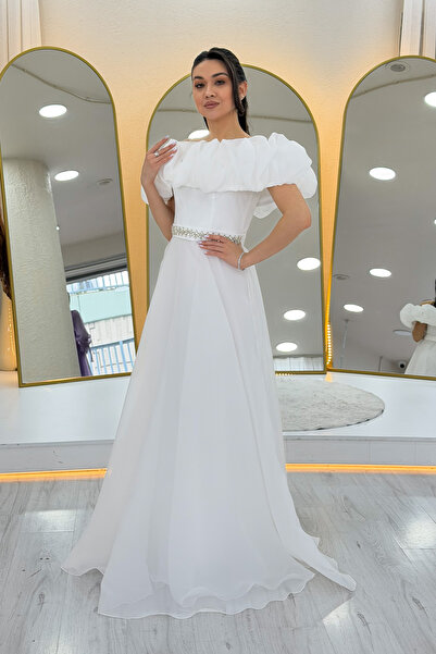 zks grup tekstil Kadın Volan Yaka Taş Kemer Detay Tül Prenses Abiye Pudra, Beyaz