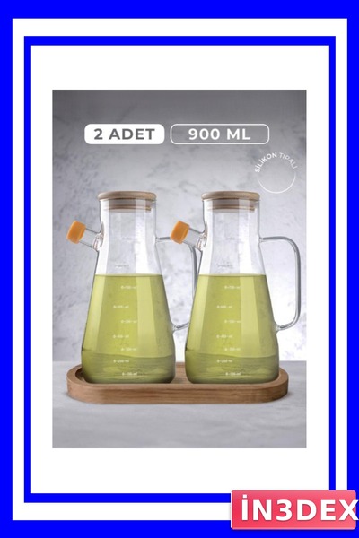 İN3DEX طقم وعاء زيت زجاجي 2 قطعة مع حامل خشبي 900 مل