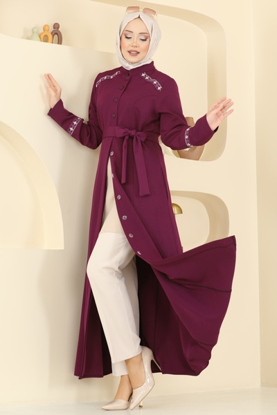 ModaMerve Nakış Detaylı Dabıl Ferace PL9196-MS Mürdüm