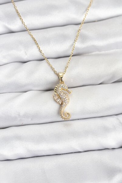 Clariss 316L Çelik Zincir Gold Renk Deniz Atı Model Zirkon Taşlı Kadın Kolye
