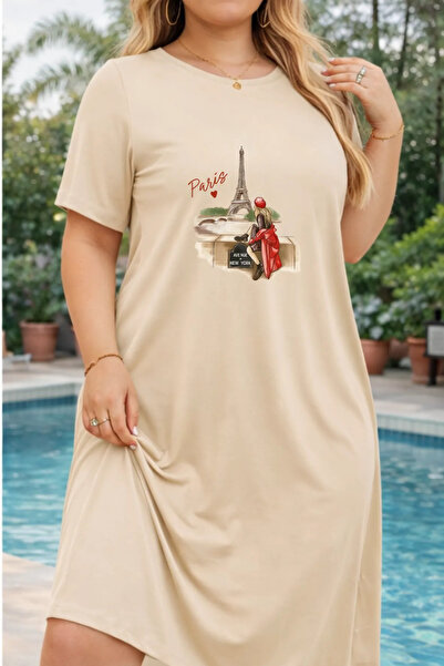 Pink Sky Rochie tricou cu mânecă scurtă pentru femei de mărime mare, cu decol...