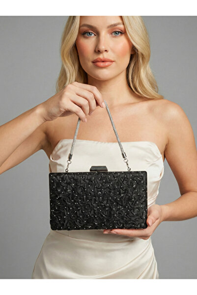 Biçanta Special Design Black Color Wrinkled Stone Satin Chain Handle Women's ...