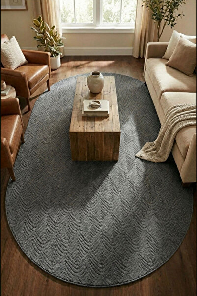 Raschel Carpet Premium Oval Yıkanabilir Leke Tutmaz Yaprak Emboss Koyu Gri Öz...