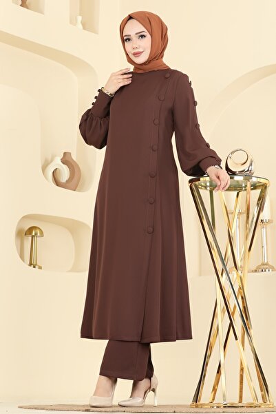 ModaMerve Aksesuar Düğmeli İthal Krep Takım 8217AB368-MS Kahve