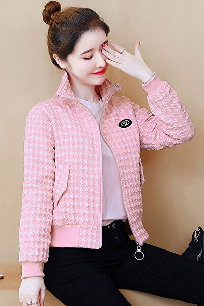 dorbe stylish houndstooth pattern zip-up winter women's jacket with plush lining